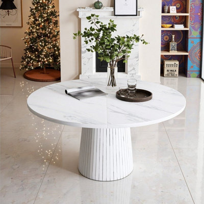 Table de salle à manger ronde en panneau de fibres à densité moyenne de 47 pouces avec plateau et base en placage de marbre