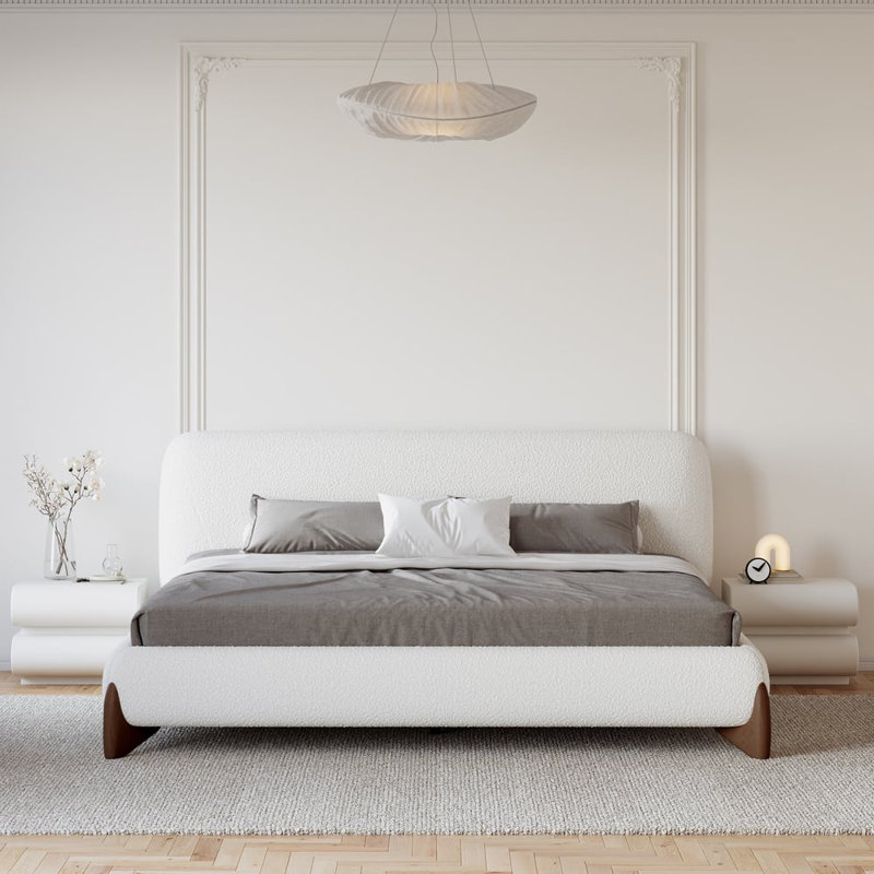 Curva Modern White Boucle Platform Bed Queen Size Bed Frame with Upholstered Headboard, Queen