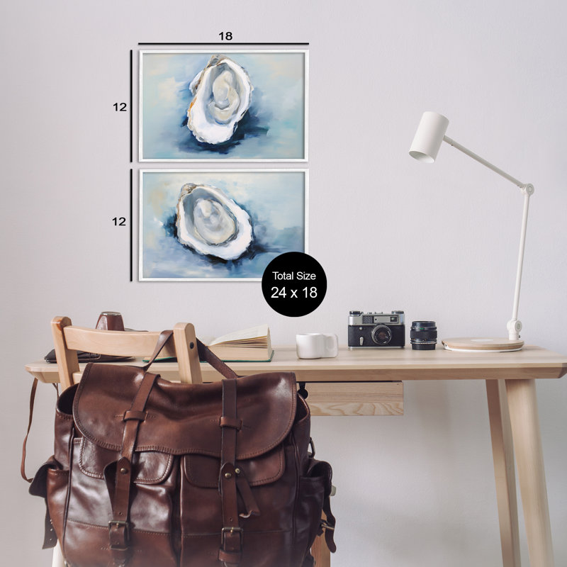 «Open Oyster Mollusk Shells», ensemble de 2 giclées par Petal Prints Design, Estampe numérique encadrée blanc bord de mer