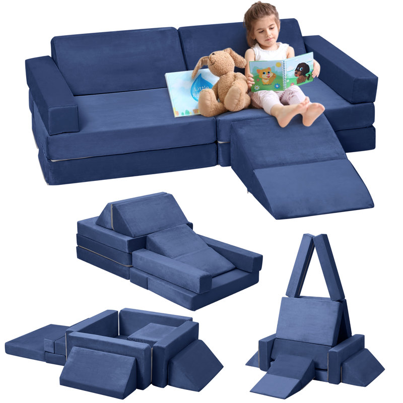 Canapé de jeu modulaire d'intérieur (12 pièces), bleu marine, en mousse polyvalente avec housse lavable à la machine, favorise le développement de la motricité et de la créativité.