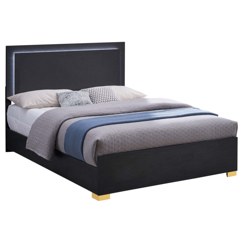 Lit à panneau en bois Jeremiah avec éclairage halo doux et conception épurée, parfait pour les chambres modernes et confortables.