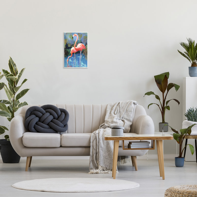 Flamants roses dans un étang luxuriant, art mural par Christine Reichow, H 19 po x l 13 po