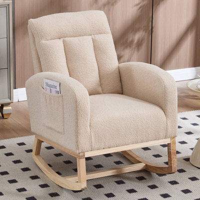 Nursery Rocking Chair, Teddy Upholstered Glider Chair With Side Pocket, Glider Rocker Chair With Tufted Back, Comfy Accent Nursing Chair For Living Room