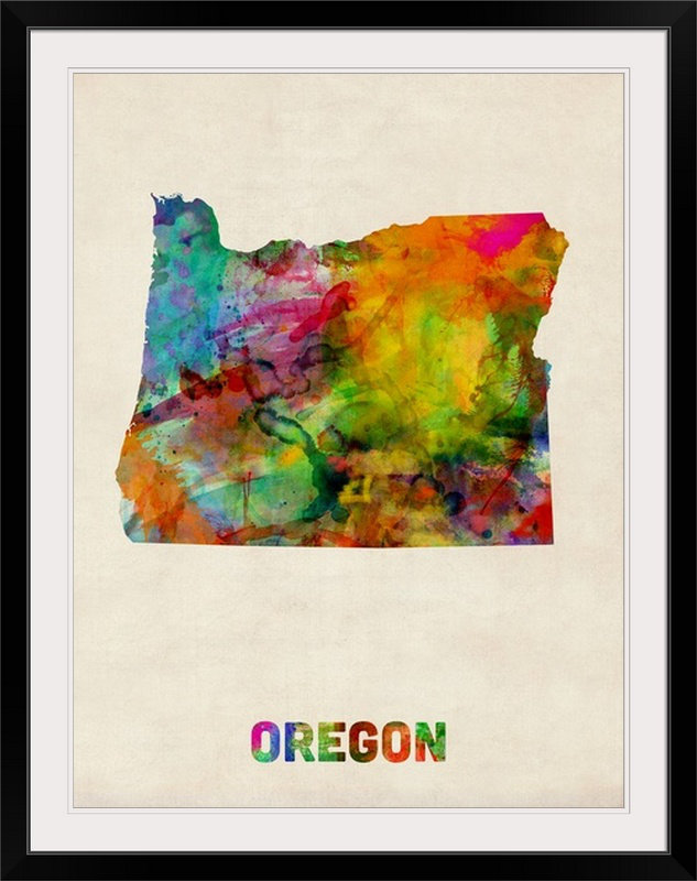 Francy «Oregon Watercolor Map» par Abarca, impression, Cadre noir, H 32 po x l 26 po x P 1 po