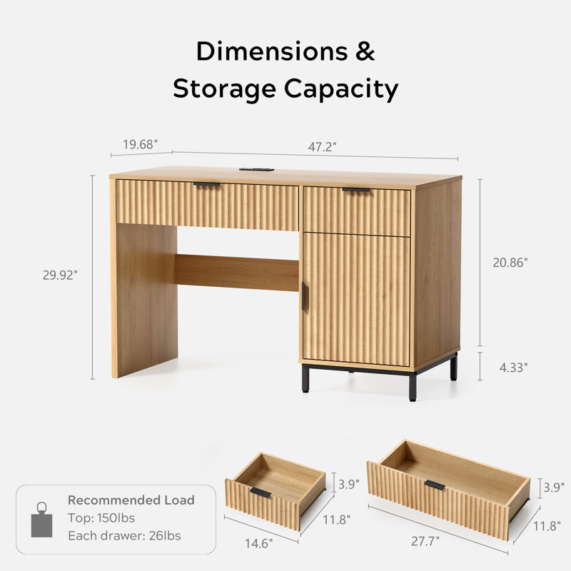 47" Fluted Executive Desk in Natural Oak - Ebern Designs