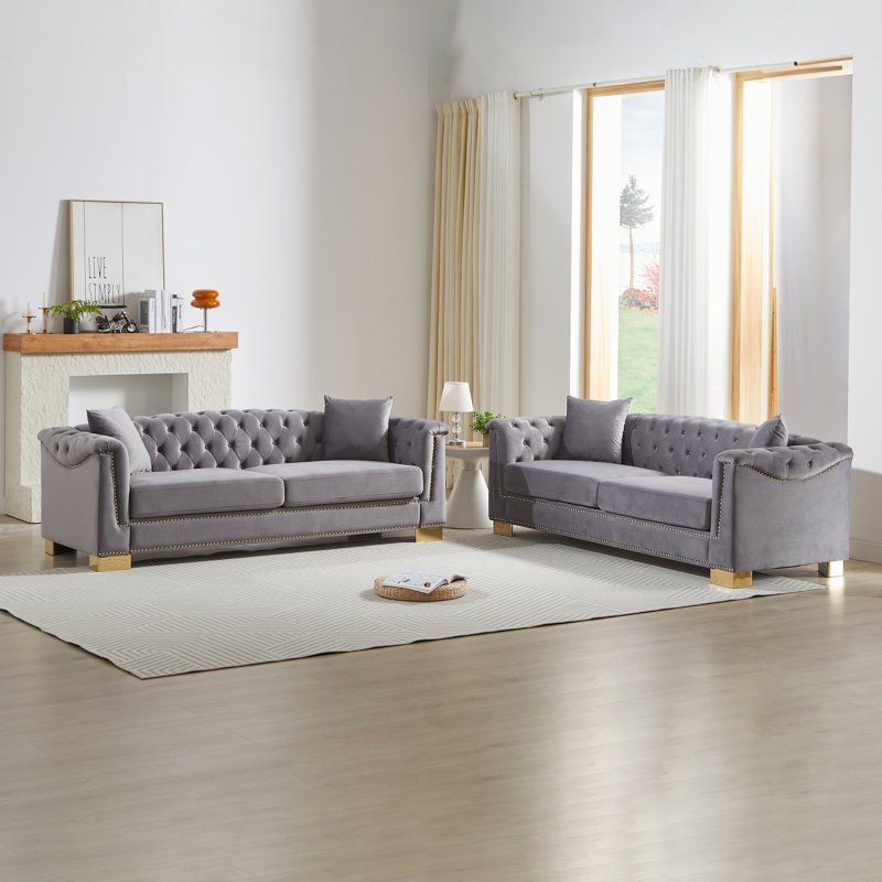Canapé Chesterfield en velours 3 places avec accoudoirs roulés, idéal pour les salons, Gris