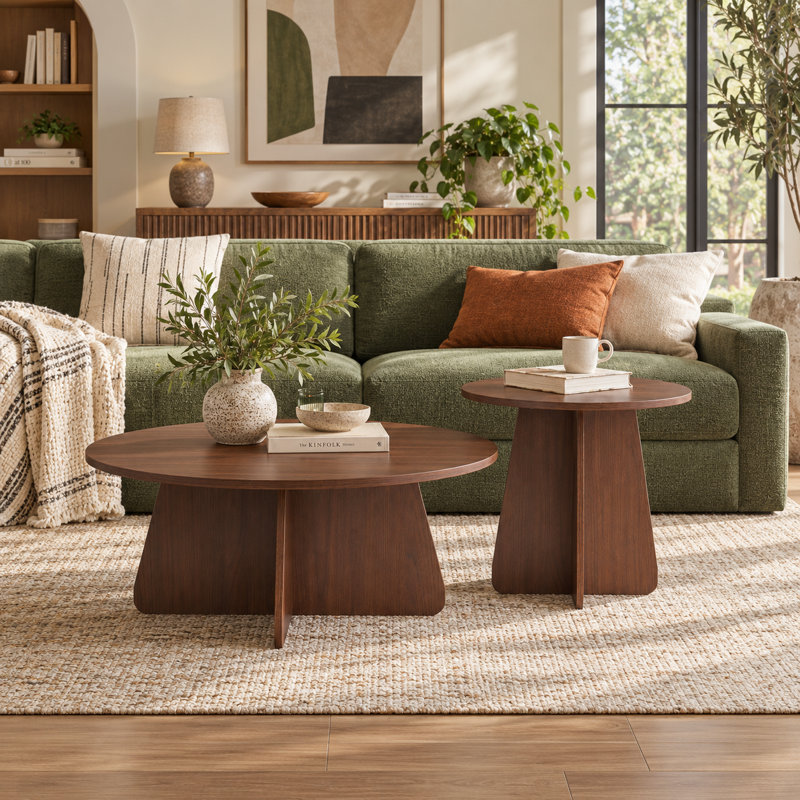Ensemble de 2 tables basses rondes en bois avec pieds croisés pour le salon Retro Nesting, Walnut