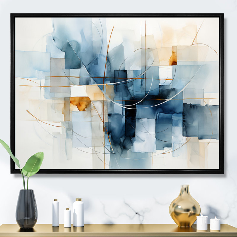 Bleu gris, dessin au trait abstrait géométrique II - art mural, H 30 po x l 40 po x P 1,5 po, Cadre flottant noir