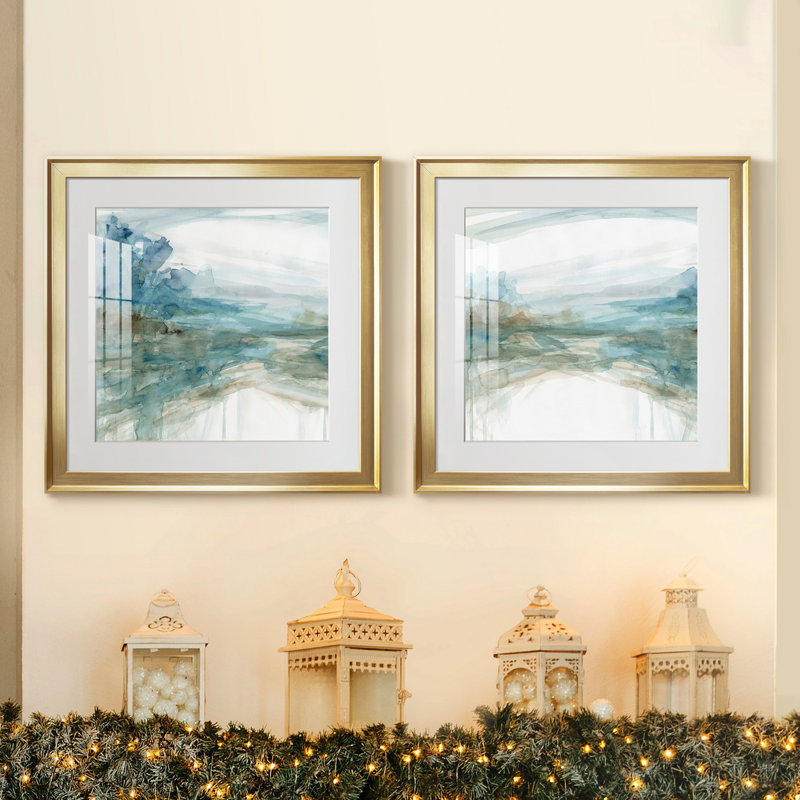 Shimmering Treeline I - ensemble de 2 reproductions d'art, Blanc, H 17,5 po x l 35 po x P 1,5 po, Toile encadrée dorée