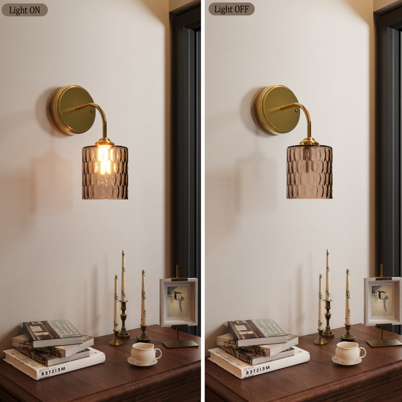 2-Pack Rechargeable Gold Wall Sconce With Hammered Glass Shade, Dimmable LED Cordless Wall Lights With Remote, Brown