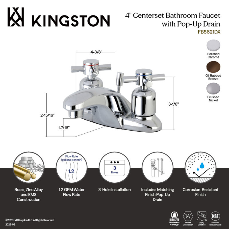 Robinet de salle de bain central à 4 poignées à 3 trous à fixation sur le comptoir avec robinet escamotable en plastique Kingston Brass