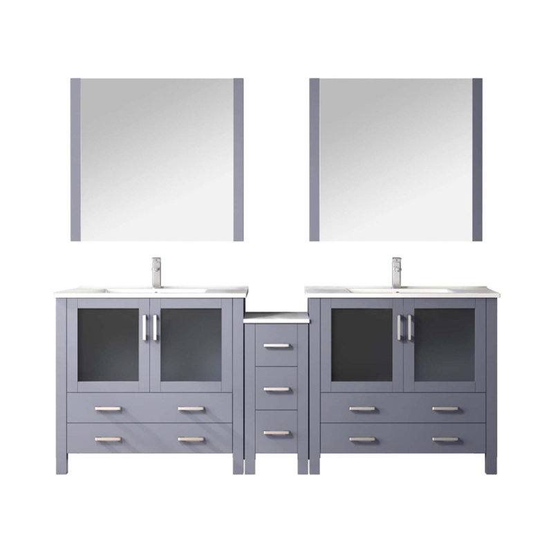 Meuble-lavabo double avec armoires latérales, ensemble de robinet, comptoir en céramique et miroirs