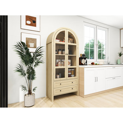 Modern Wood Kitchen Storage Cabinets With 180 - Degree Metal Hinge, Process, And 5.16" Floor Gap For Easy Cleaning 68.53" Arched Unit Transparent Acrylic Door, 4 Interior Laminates, Magnetic Door