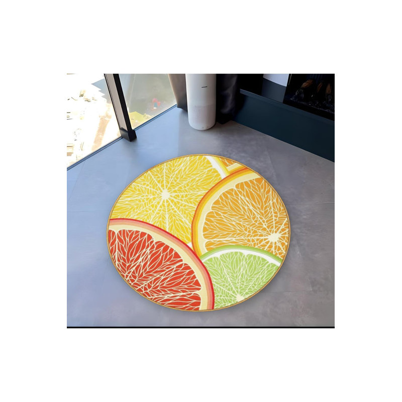 Tapis rond rond jaune, orange, vert, citron et orange, Sous-tapis rond 3 pi 3 po inclus