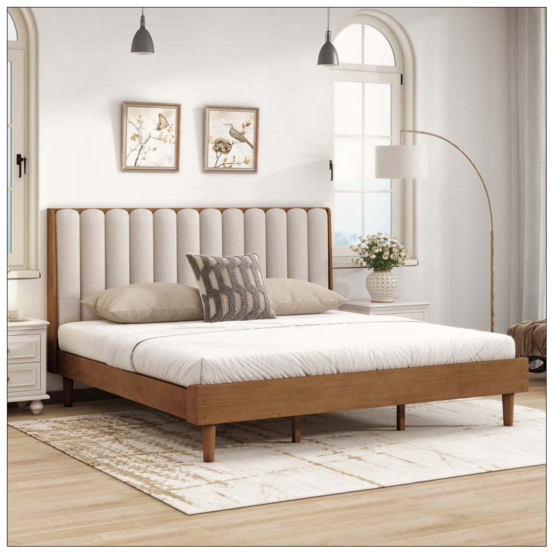 Lit en bois avec tête de lit tapissier de style piano, lit en bois avec cadre de lit renforcé