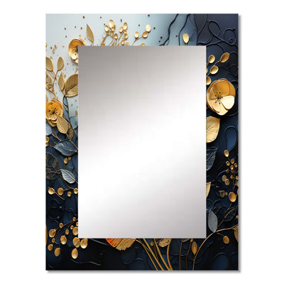Black And Gold Leaf Charm In Winter I - Leaves Decorative Mirror, Traditional Wall Mirror, Printed Metal Art