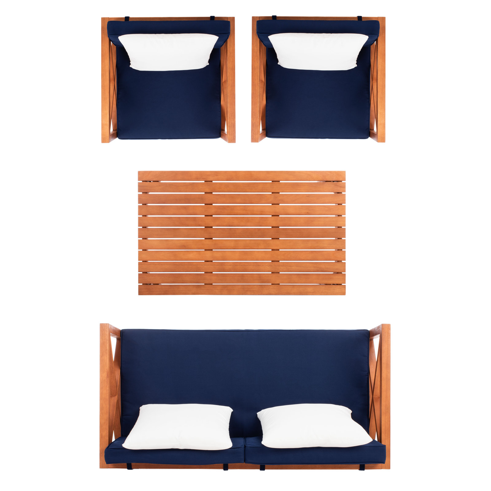 Mondovi Eucalyptus 4 - Person Patio Conversation Set with Cushions, White, Natural Frame/Navy Cushion