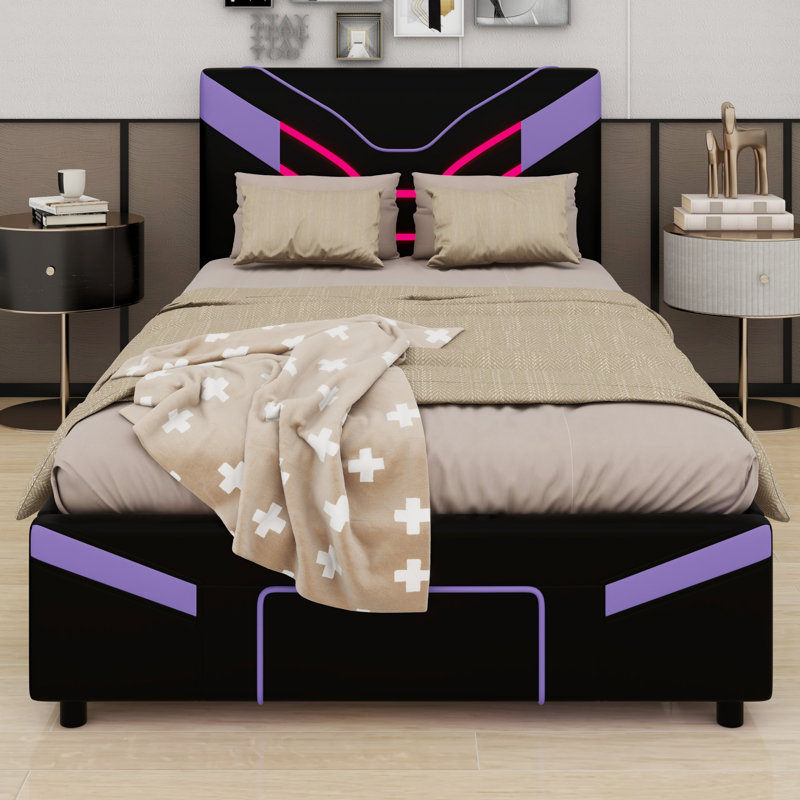 Lit plateforme tapissier de luxe avec tiroirs de rangement intégrés et DEL, Purple