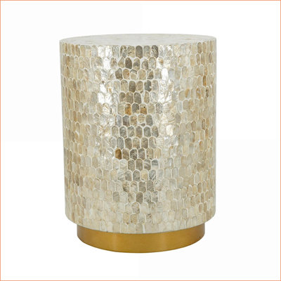 Tabouret d'appoint, finition cylindrique dorée et noire de 14 po x 14 po x 18 po pour le vestibule de salon | Or | Panneau de fibres à densité moyenne; Capiz