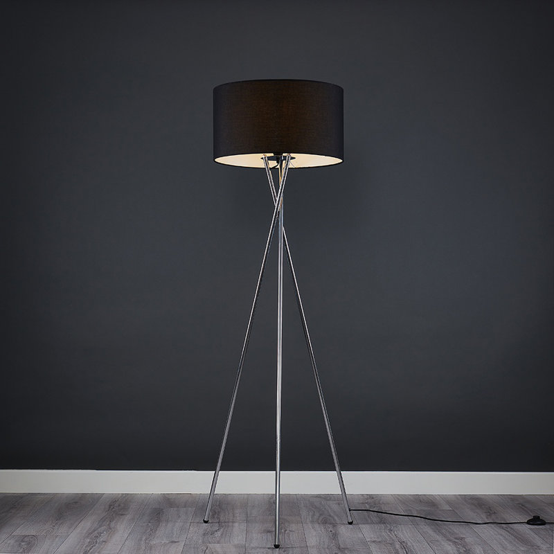 Misner 155cm Camden Tripod Floor Lamp with Large Reni Shade, Yes, Black, Brushed Chrome