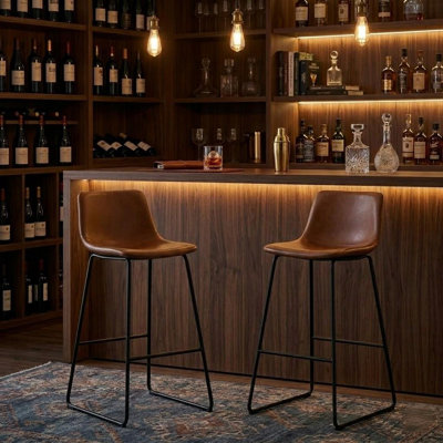 Modern Faux Leather Counter Stool With Low Back Sled Base Footrest