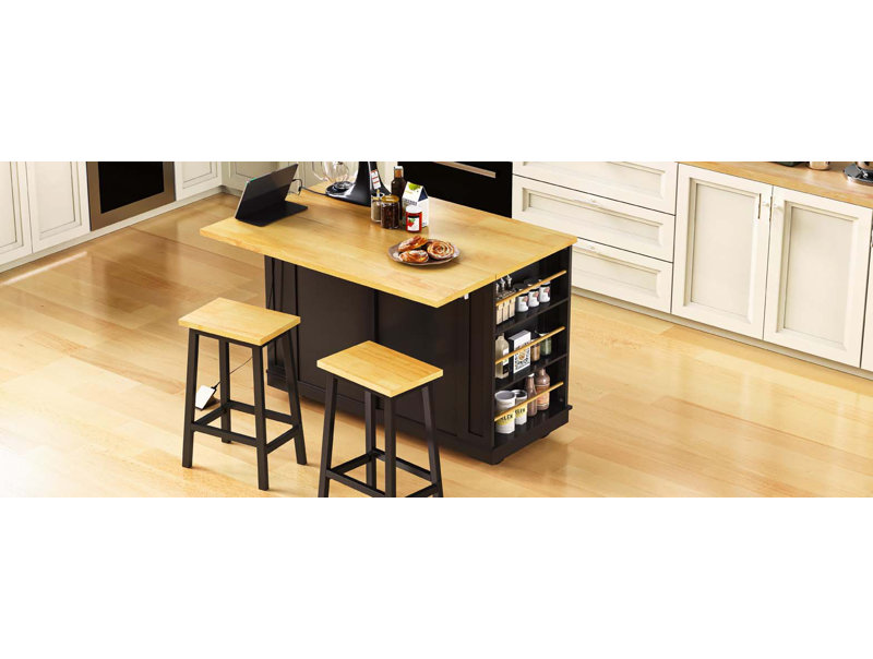 Grand îlot de cuisine de 48 pouces avec 2 tabourets de bar, prise de courant, support de rangement interne pour porte, chariot de rangement de cuisine sur 5 roulettes avec abattant, 5 supports latéraux ouverts, 2 tiroirs, pour la cuisine, la salle à manger, noir