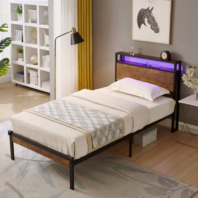 Twin Metal Platform Bed Frame, Wooden Headboard, USB, LED, No Box Spring