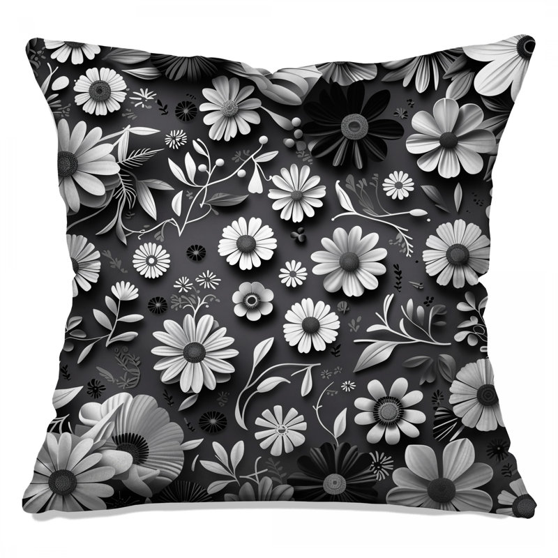 Coussin BlackWhiteFloral, 20 x 20 inches