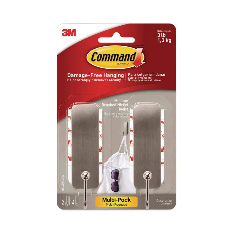 Medium Brushed Nickel Adhesive Wall Hooks, 2-Pack