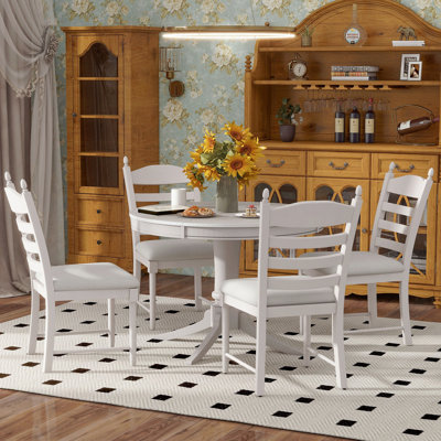 5-Piece Retro Functional Dining Table Set Wood Round Extendable Dining Table And 4 Upholstered Dining Chairs