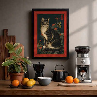 Tabby and Flowers Japandi - Framed Print