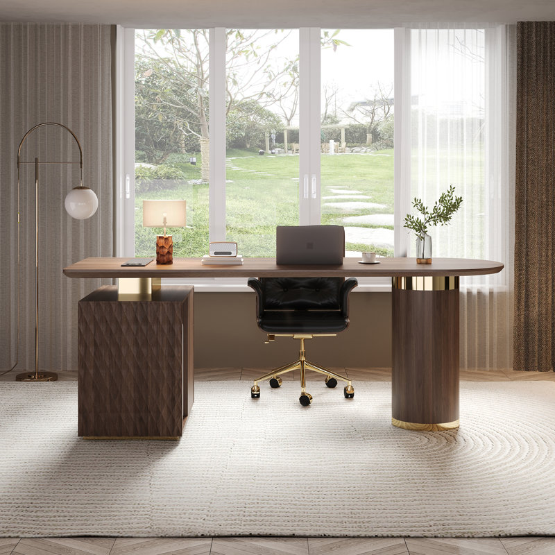 Luxury Walnut Finish Oval Desk With Storage Cabinet PC Space And Wireless Charging