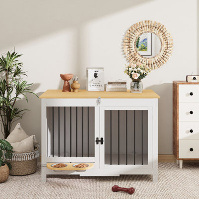 39.4" W Portable Dog Crate Furniture With Double Dog Bowl