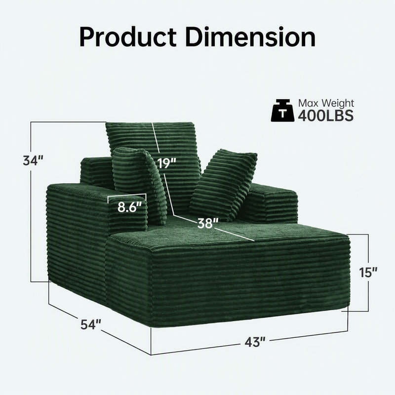 Méridienne moderne surdimensionnée en flanelle de 47 po, sans assemblage, 47 po