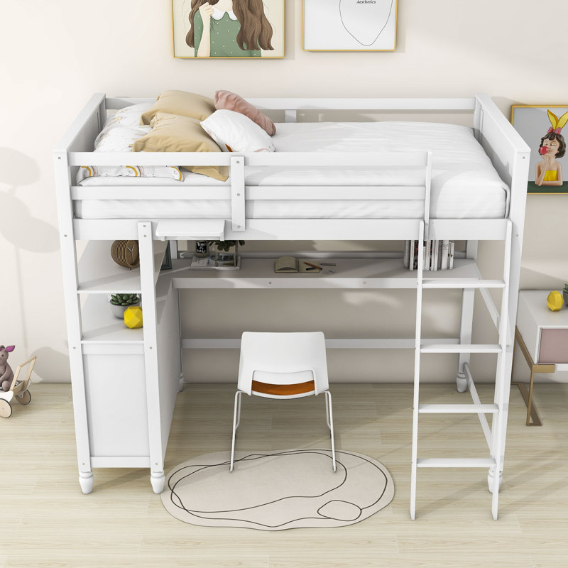 Halid Kids Twin 3 Drawers Wood Loft Bed with Desk and Shelves, White