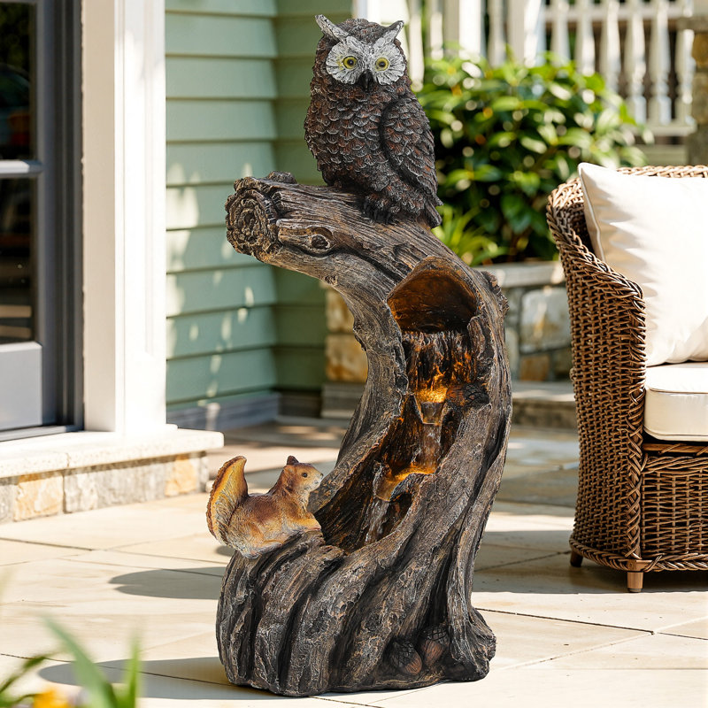 32" Forest-Style Water Fountain with LED Lights, Owl Tree Trunk Cascading Waterfall Decor, 4-Tier Weather-Resistant Resin Outdoor Feature