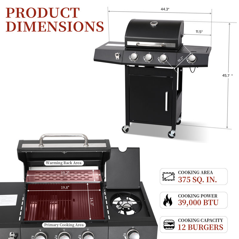 Barbecue à gaz propane GRILL DÉPOTS à 3 brûleurs avec plaque de cuisson et brûleur latéral, 39 000 BTU, couvercle isolé à double paroi