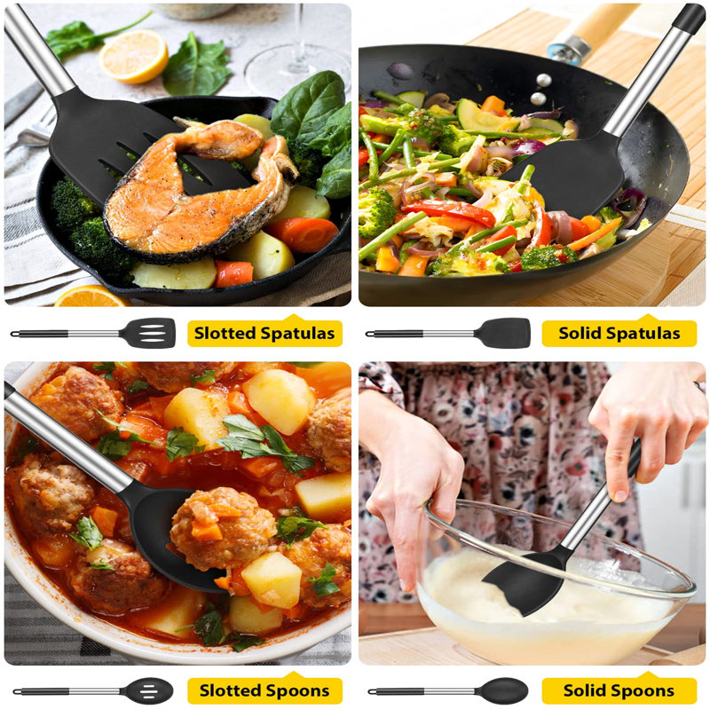 4-Piece Silicone Cooking Utensil Set, Non-Stick Large Solid Spatula, Heat Resistant Slotted Spoon, Ideal Kitchen Spatula