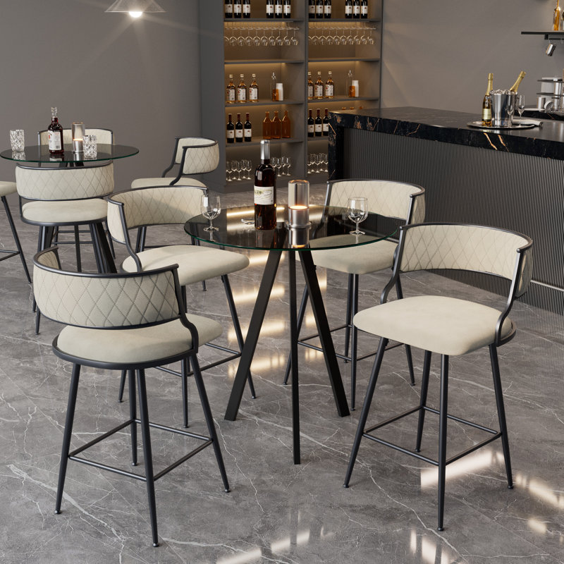 Bar Height Set, Tempered Glass Round Dining Table And Height Bar Stools, 5, Beige