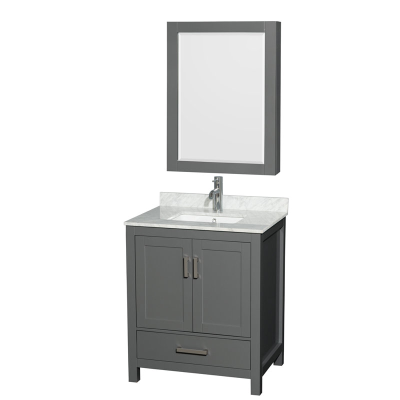 Meuble-lavabo simple avec plateau en marbre et armoire à pharmacie Sheffield, Vert clair, Trou unique, Forme rectangulaire
