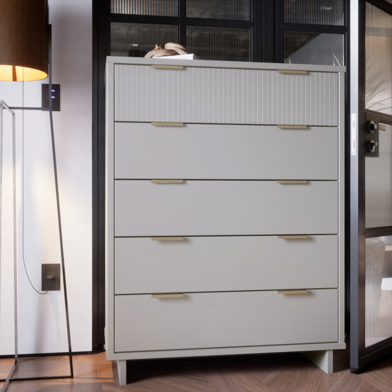 Granville 38" Modern Solid Wood Dresser with 5 Drawers in Light Gray, Light Gray