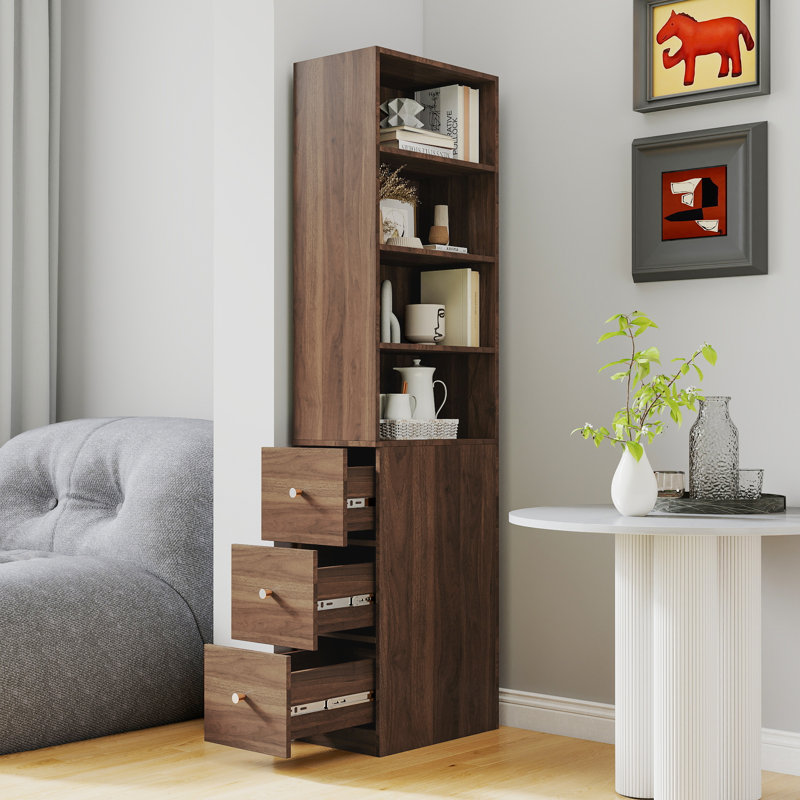 Armoire de rangement H 70,9 po avec tablette à 4 niveaux et 3 tiroirs, Noyer