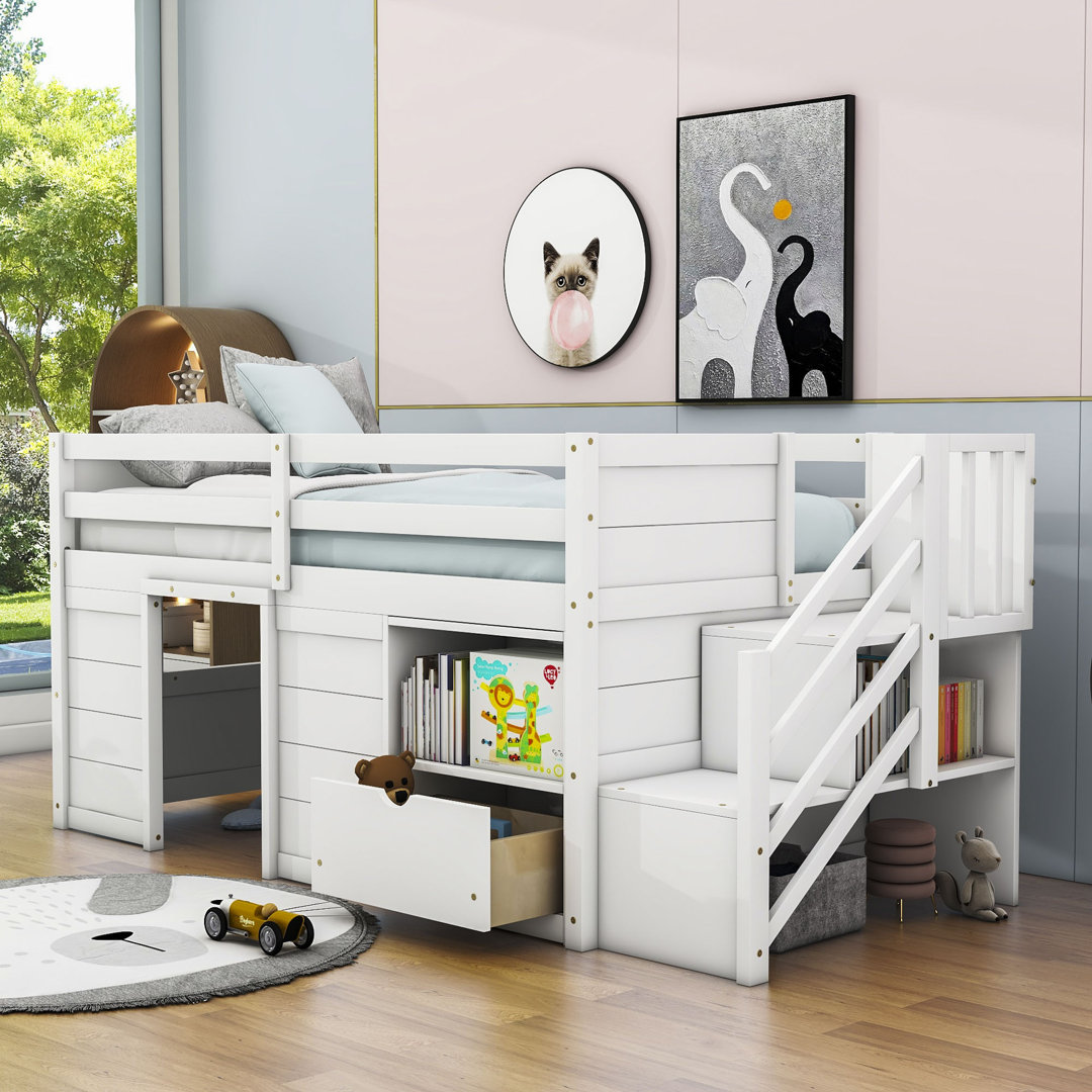 Jarmila Twin Size Wood Loft Bed with Drawer and Staircase Harriet Bee 