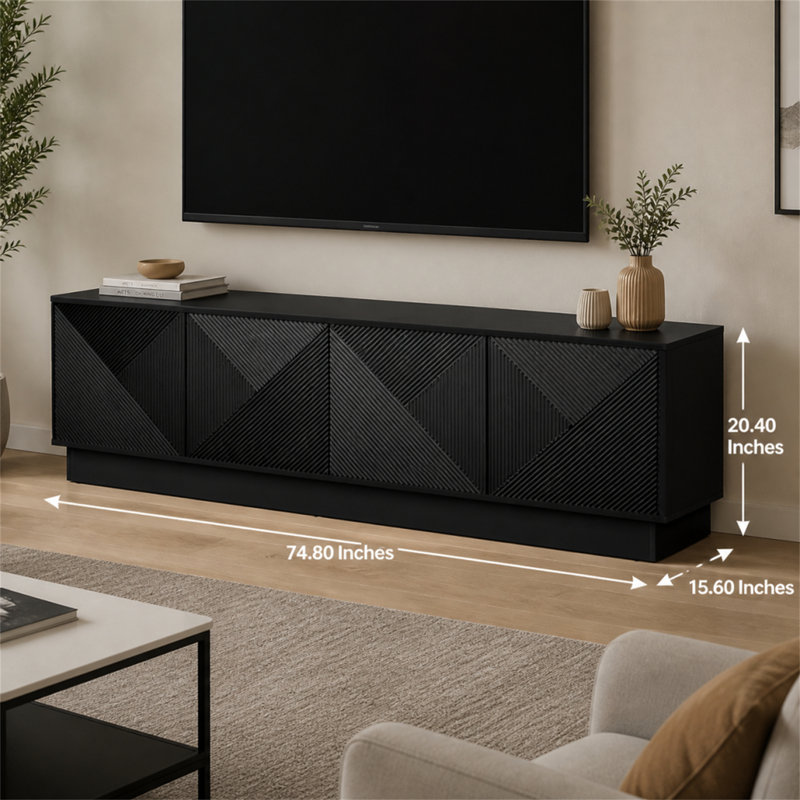 Meuble télé à quatre portes au design inspiré des vagues, avec tablettes réglables et éclairage ambiant à DEL, Noir mat