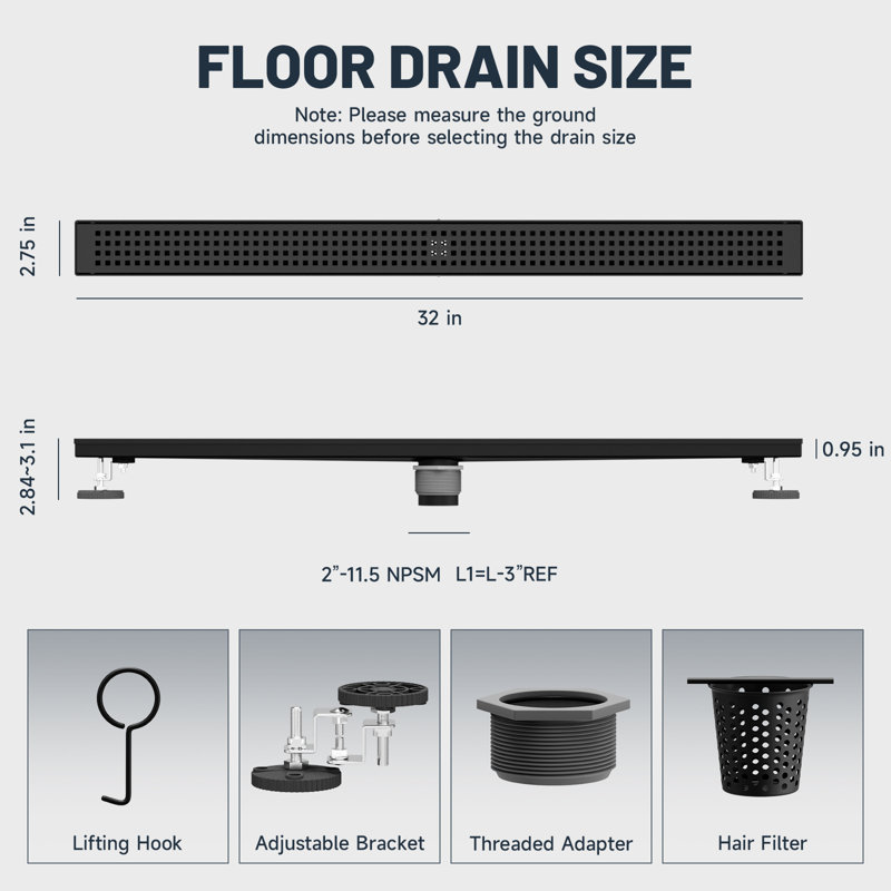 36 po Drain de douche avec panneau de tuile 2-en-1 Drain linéaire en acier inoxydable pour un drainage rapide, Noir mat