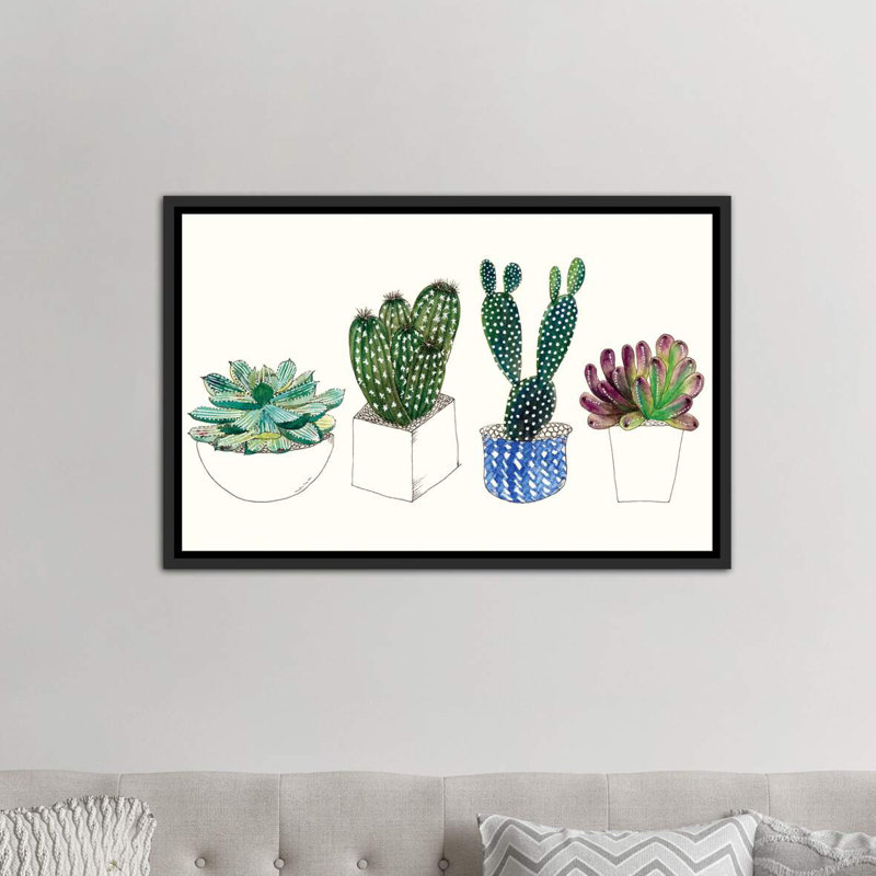 « four plantes grasses ii » par melissa wang-, reproduction d’art, H 26 po x l 40 po x 1,5 po, Toile avec cadre noir