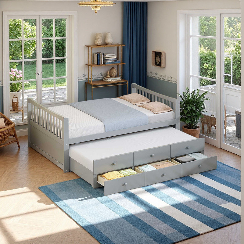 Full size Bed with Trundle & Storage Drawer, Gray