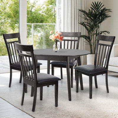 Dining Table Set for 4, Classic Style Solid Wood Warm Chairs w Extendable Round Table, Kitchen Room Set, PU Leather Fabric