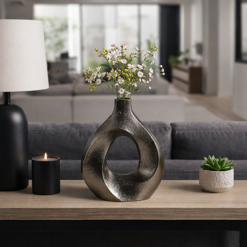 Artistic Metal Swirl Vase With Cut Out Center For Home Decor - Sculptural Tall Flower Vase For Entryway, Side Table Accent, Or Shelf Decor - Bronze