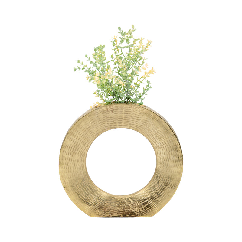 Aluminum Vase with Circular Cut-Out Design and Textured Surface., Gold, 11" H x 12" W x 2.25" D